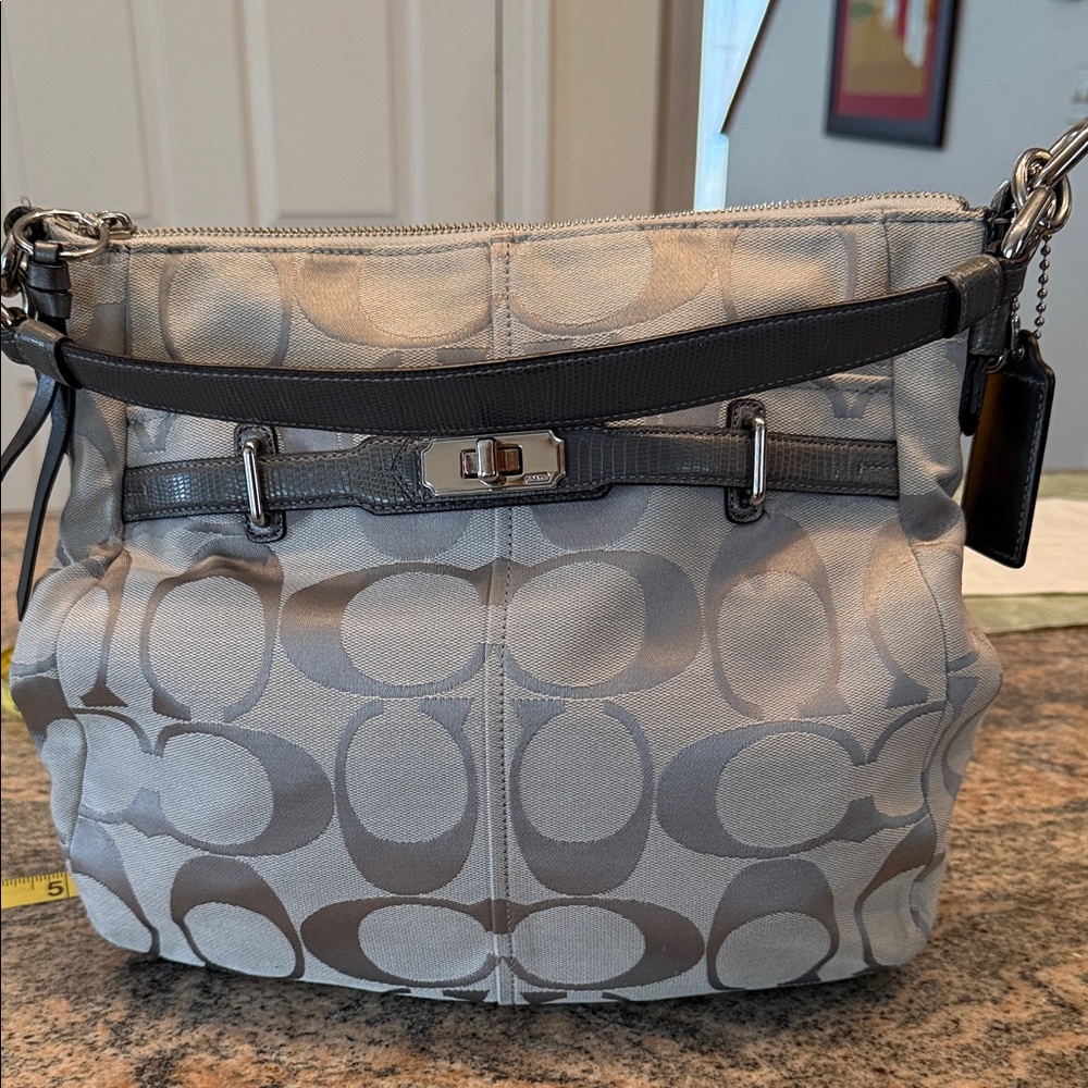 Coach Gray Signature Canvas Shoulder Bag with Turn-Lock Detail